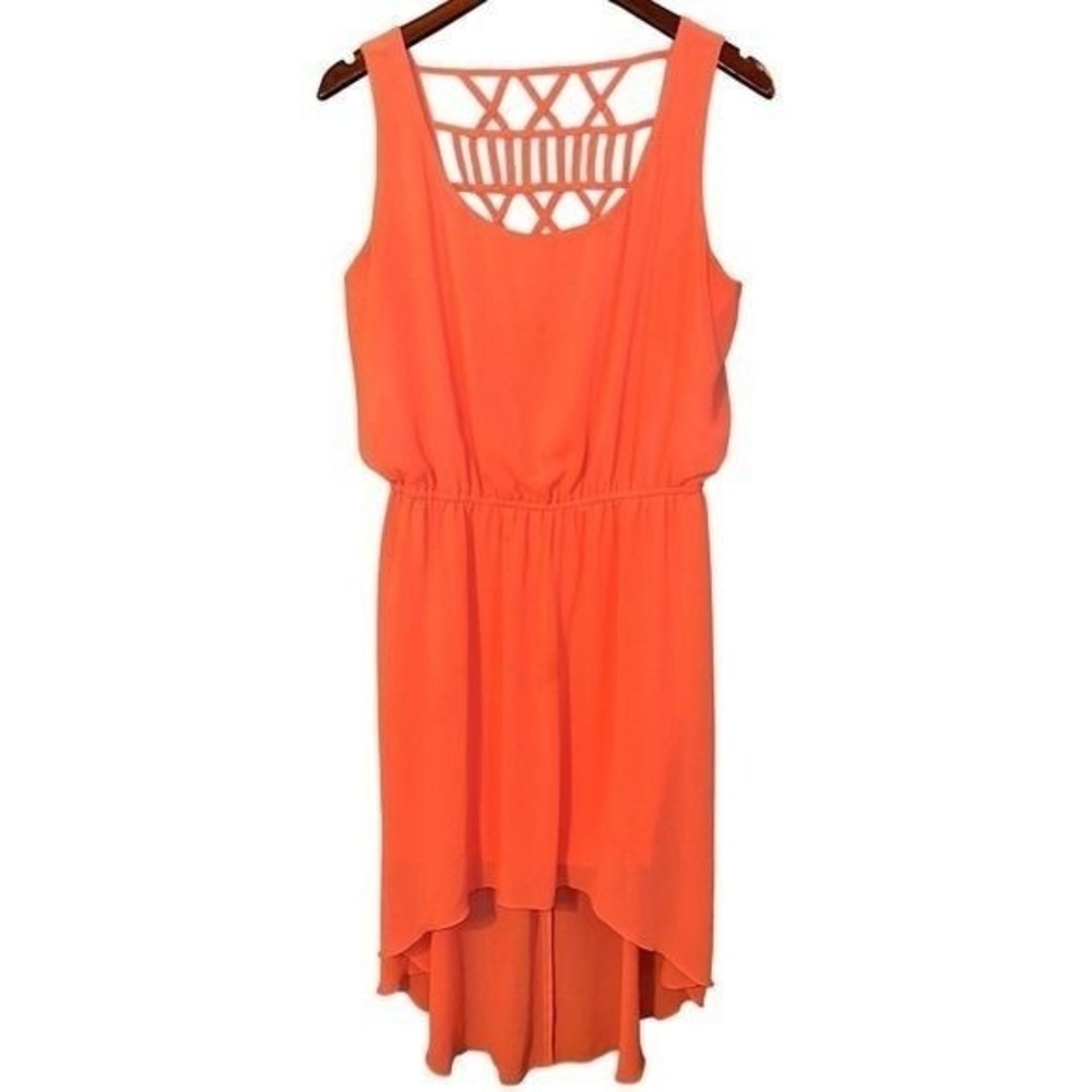 Heartsoul Womens High Low Sheer Dress XL Coral Neon Lattice Back Summer Party